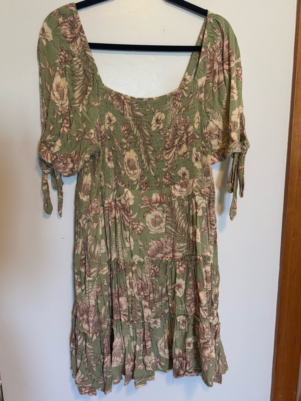 Agua Bendita Sage Green Floral Smocked Dress